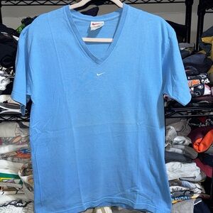 Vintage 90s Nike Women’s Baby Blue Center Swoosh Vneck Shirt Size Small